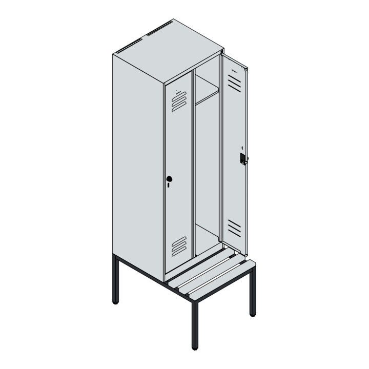 C+P Spind Classic PLUS, Bank, 2 Abteile, 2120x600x815mm, 7035/7035 Verschluss Sicherheits-Drehriegel 3 Garderobenhaken  Dekor Banklatten RAL 7035 Lichtgrau Sitzbanktyp untergebaut