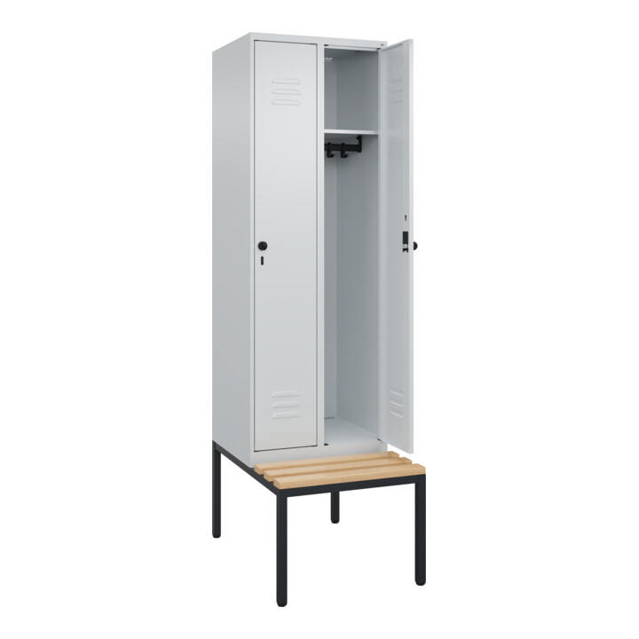 C+P Spind Classic PLUS, Bank, 2 Abteile, 2120x600x815mm, 7035/7035 Verschluss Sicherheits-Drehriegel 3 Garderobenhaken   Sitzbanktyp untergebaut