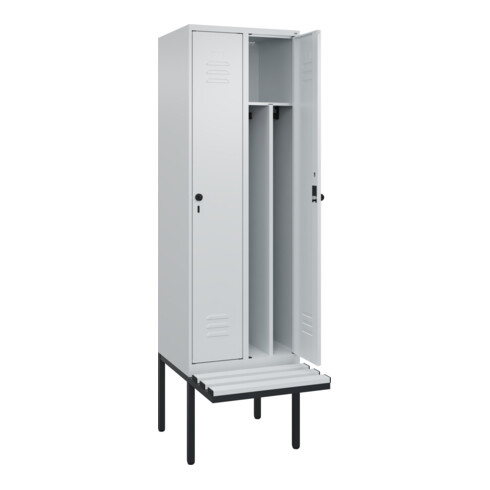 C+P Spind Classic PLUS, Bank, 2 Abteile, 2120x600x815mm, 7035/7035 Verschluss Sicherheits-Drehriegel 4 Garderobenhaken Trennwand mittig Dekor Banklatten RAL 7035 Lichtgrau Sitzbanktyp auskragend