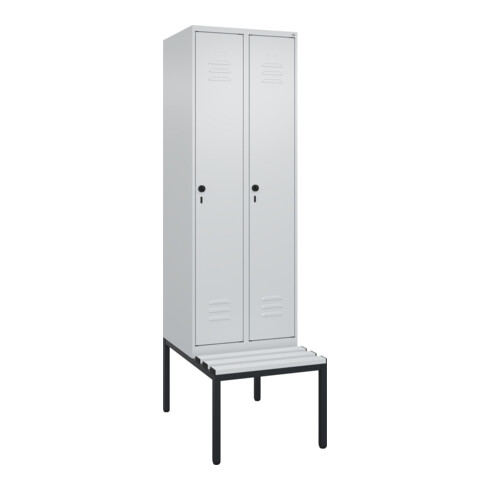 C+P Spind Classic PLUS, Bank, 2 Abteile, 2120x600x815mm, 7035/7035 Verschluss Sicherheits-Drehriegel 4 Garderobenhaken Trennwand mittig Dekor Banklatten RAL 7035 Lichtgrau Sitzbanktyp untergebaut