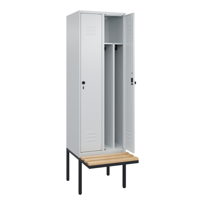 C+P Spind Classic PLUS, Bank, 2 Abteile, 2120x600x815mm, 7035/7035 Verschluss Sicherheits-Drehriegel 4 Garderobenhaken Trennwand mittig  Sitzbanktyp auskragend