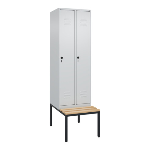 C+P Spind Classic PLUS, Bank, 2 Abteile, 2120x600x815mm, 7035/7035 Verschluss Sicherheits-Drehriegel 4 Garderobenhaken Trennwand mittig  Sitzbanktyp untergebaut
