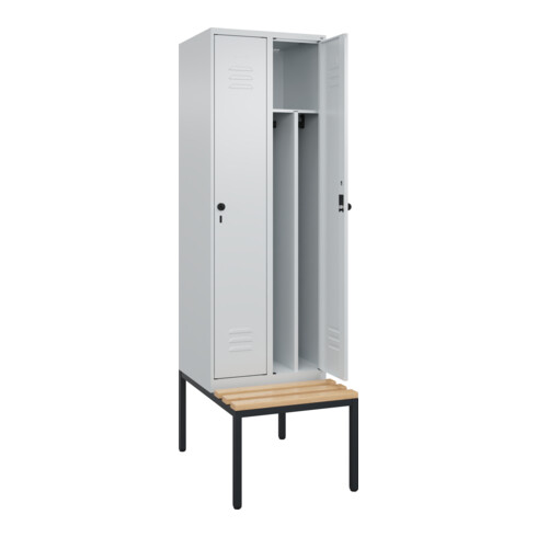 C+P Spind Classic PLUS, Bank, 2 Abteile, 2120x600x815mm, 7035/7035 Verschluss Sicherheits-Drehriegel 4 Garderobenhaken Trennwand mittig  Sitzbanktyp untergebaut