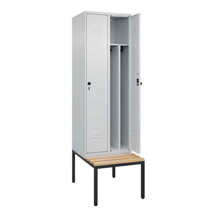 C+P Spind Classic PLUS, Bank, 2 Abteile, 2120x600x815mm, 7035/7035 Verschluss Sicherheits-Drehriegel 4 Garderobenhaken Trennwand mittig  Sitzbanktyp untergebaut