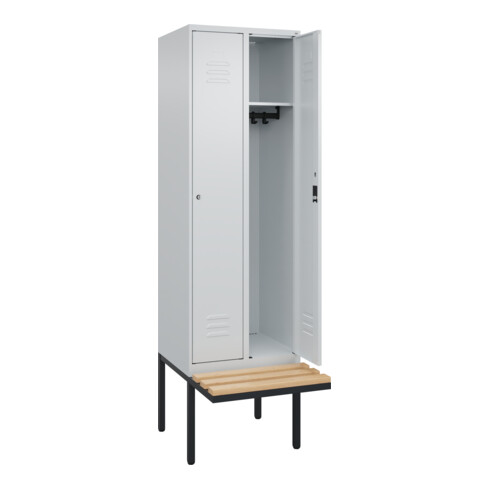 C+P Spind Classic PLUS, Bank, 2 Abteile, 2120x600x815mm, 7035/7035 Verschluss Zylinderschloss 3 Garderobenhaken   Sitzbanktyp auskragend