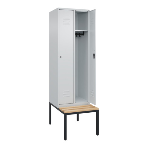 C+P Spind Classic PLUS, Bank, 2 Abteile, 2120x600x815mm, 7035/7035 Verschluss Zylinderschloss 3 Garderobenhaken   Sitzbanktyp untergebaut