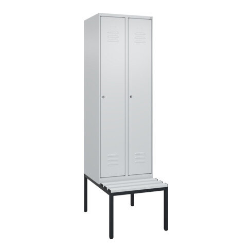 C+P Spind Classic PLUS, Bank, 2 Abteile, 2120x600x815mm, 7035/7035 Verschluss Zylinderschloss 4 Garderobenhaken Trennwand mittig Dekor Banklatten RAL 7035 Lichtgrau Sitzbanktyp untergebaut