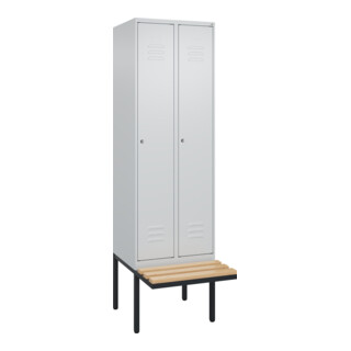 C+P Spind Classic PLUS, Bank, 2 Abteile, 2120x600x815mm, 7035/7035 Verschluss Zylinderschloss 4 Garderobenhaken Trennwand mittig  Sitzbanktyp auskragend