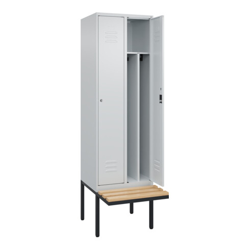 C+P Spind Classic PLUS, Bank, 2 Abteile, 2120x600x815mm, 7035/7035 Verschluss Zylinderschloss 4 Garderobenhaken Trennwand mittig  Sitzbanktyp auskragend