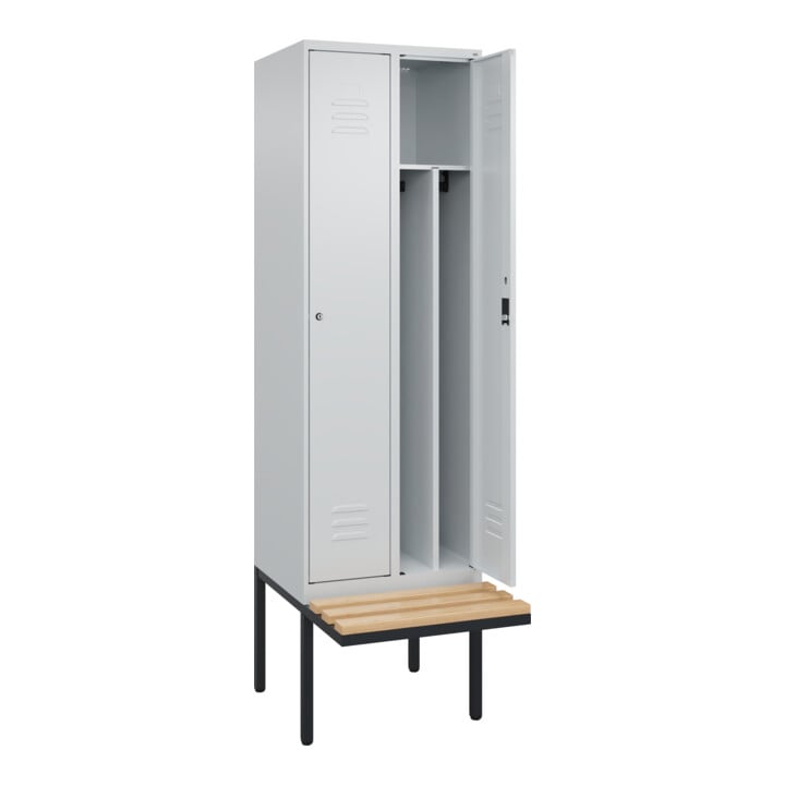 C+P Spind Classic PLUS, Bank, 2 Abteile, 2120x600x815mm, 7035/7035 Verschluss Zylinderschloss 4 Garderobenhaken Trennwand mittig  Sitzbanktyp auskragend