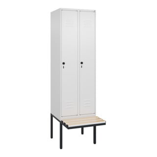C+P Spind Classic PLUS, Bank, 2 Abteile, 2120x600x815mm, 9016/9016 Verschluss Sicherheits-Drehriegel 4 Garderobenhaken Trennwand mittig Dekor Banklatten RAL 9010 Reinweiß Sitzbanktyp auskragend