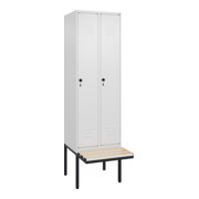 C+P Spind Classic PLUS, Bank, 2 Abteile, 2120x600x815mm, 9016/9016 Verschluss Sicherheits-Drehriegel 4 Garderobenhaken Trennwand mittig Dekor Banklatten RAL 9010 Reinweiß Sitzbanktyp auskragend