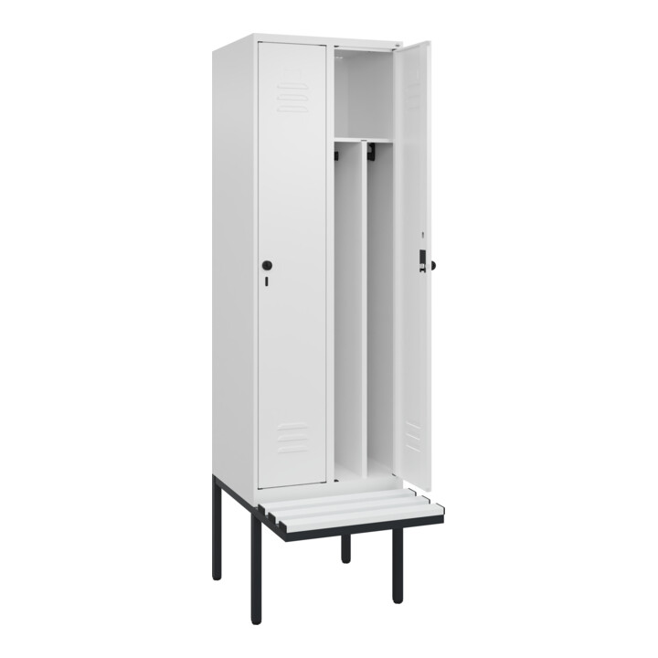 C+P Spind Classic PLUS, Bank, 2 Abteile, 2120x600x815mm, 9016/9016 Verschluss Sicherheits-Drehriegel 4 Garderobenhaken Trennwand mittig Dekor Banklatten RAL 9010 Reinweiß Sitzbanktyp auskragend