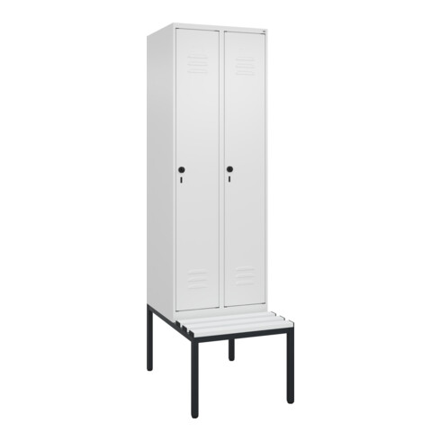 C+P Spind Classic PLUS, Bank, 2 Abteile, 2120x600x815mm, 9016/9016 Verschluss Sicherheits-Drehriegel 4 Garderobenhaken Trennwand mittig Dekor Banklatten RAL 9010 Reinweiß Sitzbanktyp untergebaut