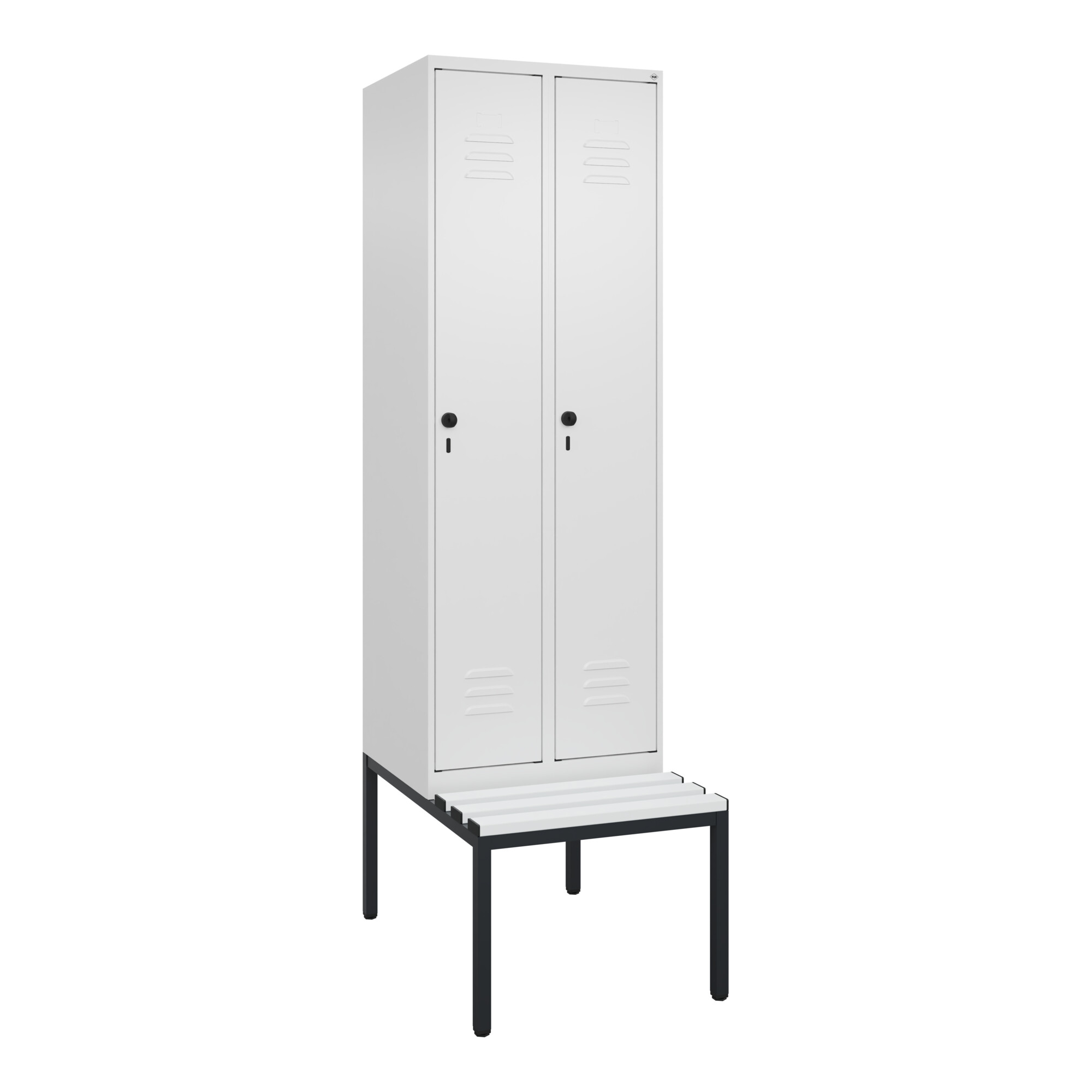 C+P Spind Classic PLUS, Bank, 2 Abteile, 2120x600x815mm, 9016/9016 Verschluss Sicherheits-Drehriegel 4 Garderobenhaken Trennwand mittig Dekor Banklatt