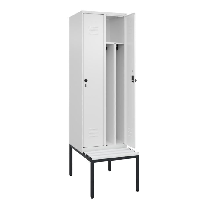 C+P Spind Classic PLUS, Bank, 2 Abteile, 2120x600x815mm, 9016/9016 Verschluss Sicherheits-Drehriegel 4 Garderobenhaken Trennwand mittig Dekor Banklatten RAL 9010 Reinweiß Sitzbanktyp untergebaut