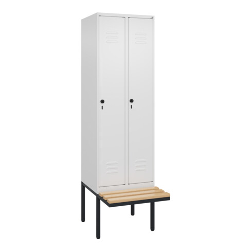 C+P Spind Classic PLUS, Bank, 2 Abteile, 2120x600x815mm, 9016/9016 Verschluss Sicherheits-Drehriegel 4 Garderobenhaken Trennwand mittig  Sitzbanktyp auskragend