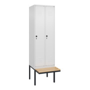 C+P Spind Classic PLUS, Bank, 2 Abteile, 2120x600x815mm, 9016/9016 Verschluss Sicherheits-Drehriegel 4 Garderobenhaken Trennwand mittig  Sitzbanktyp auskragend