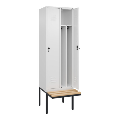 C+P Spind Classic PLUS, Bank, 2 Abteile, 2120x600x815mm, 9016/9016 Verschluss Sicherheits-Drehriegel 4 Garderobenhaken Trennwand mittig  Sitzbanktyp auskragend