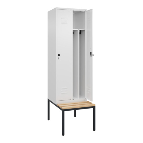 C+P Spind Classic PLUS, Bank, 2 Abteile, 2120x600x815mm, 9016/9016 Verschluss Sicherheits-Drehriegel 4 Garderobenhaken Trennwand mittig  Sitzbanktyp untergebaut