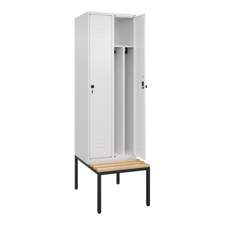 C+P Spind Classic PLUS, Bank, 2 Abteile, 2120x600x815mm, 9016/9016 Verschluss Sicherheits-Drehriegel 4 Garderobenhaken Trennwand mittig  Sitzbanktyp untergebaut