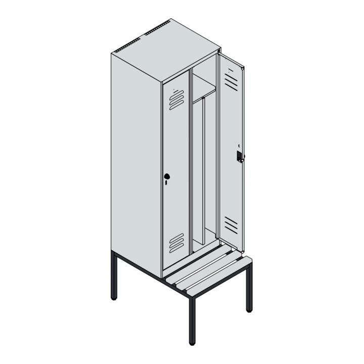 C+P Spind Classic PLUS, Bank, 2 Abteile, 2120x600x815mm, 9016/9016 Verschluss Sicherheits-Drehriegel 4 Garderobenhaken Trennwand mittig  Sitzbanktyp untergebaut