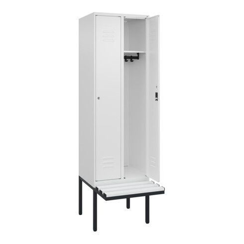 C+P Spind Classic PLUS, Bank, 2 Abteile, 2120x600x815mm, 9016/9016 Verschluss Zylinderschloss 3 Garderobenhaken  Dekor Banklatten RAL 9010 Reinweiß Sitzbanktyp auskragend