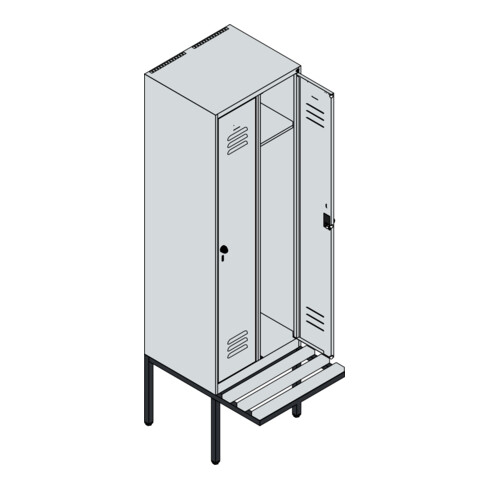 C+P Spind Classic PLUS, Bank, 2 Abteile, 2120x600x815mm, 9016/9016 Verschluss Zylinderschloss 3 Garderobenhaken  Dekor Banklatten RAL 9010 Reinweiß Sitzbanktyp auskragend