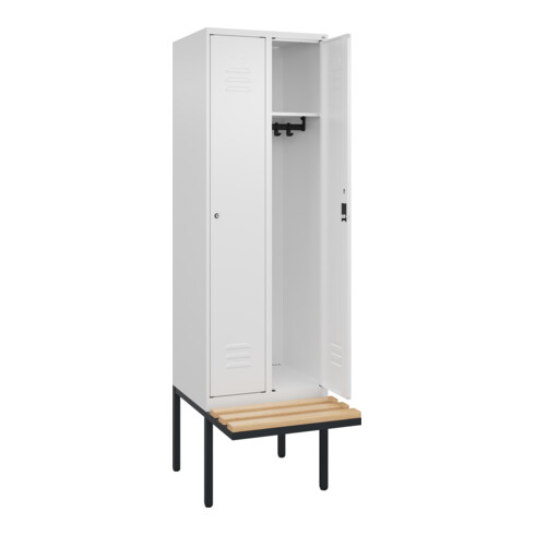 C+P Spind Classic PLUS, Bank, 2 Abteile, 2120x600x815mm, 9016/9016 Verschluss Zylinderschloss 3 Garderobenhaken   Sitzbanktyp auskragend