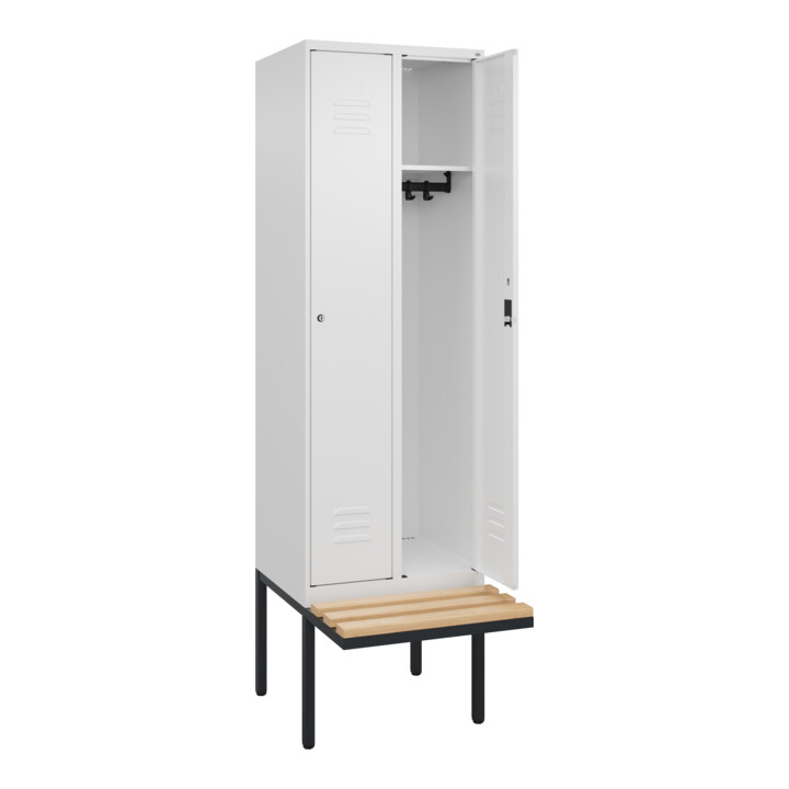 C+P Spind Classic PLUS, Bank, 2 Abteile, 2120x600x815mm, 9016/9016 Verschluss Zylinderschloss 3 Garderobenhaken   Sitzbanktyp auskragend