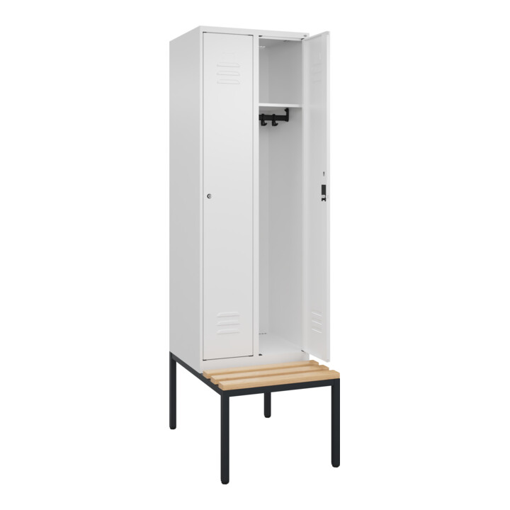 C+P Spind Classic PLUS, Bank, 2 Abteile, 2120x600x815mm, 9016/9016 Verschluss Zylinderschloss 3 Garderobenhaken   Sitzbanktyp untergebaut