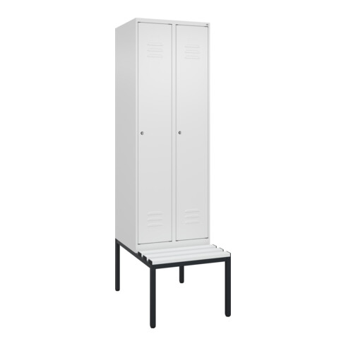 C+P Spind Classic PLUS, Bank, 2 Abteile, 2120x600x815mm, 9016/9016 Verschluss Zylinderschloss 4 Garderobenhaken Trennwand mittig Dekor Banklatten RAL 9010 Reinweiß Sitzbanktyp untergebaut
