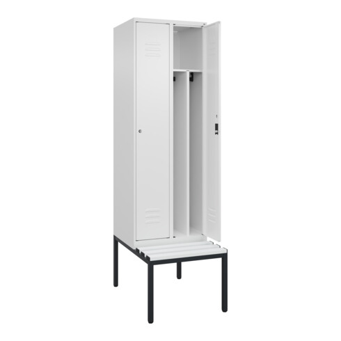 C+P Spind Classic PLUS, Bank, 2 Abteile, 2120x600x815mm, 9016/9016 Verschluss Zylinderschloss 4 Garderobenhaken Trennwand mittig Dekor Banklatten RAL 9010 Reinweiß Sitzbanktyp untergebaut