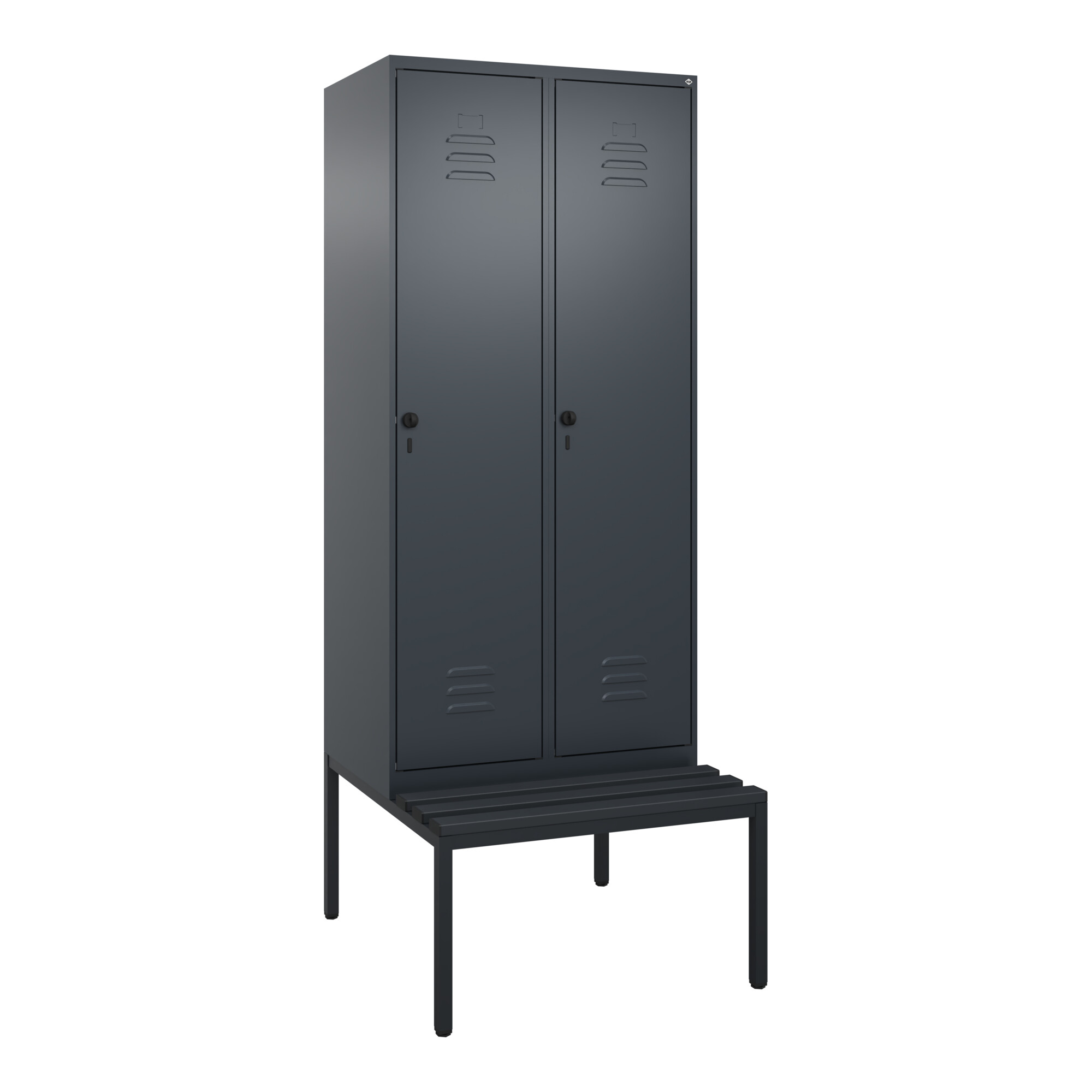 C+P Spind Classic PLUS, Bank, 2 Abteile, 2120x800x815mm, 7016/7016 Verschluss Sicherheits-Drehriegel 4 Garderobenhaken Trennwand mittig Dekor Banklatt