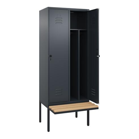 C+P Spind Classic PLUS, Bank, 2 Abteile, 2120x800x815mm, 7016/7016 Verschluss Sicherheits-Drehriegel 4 Garderobenhaken Trennwand mittig  Sitzbanktyp auskragend