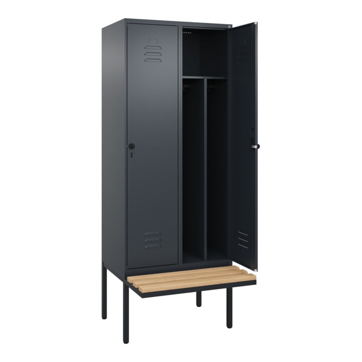 C+P Spind Classic PLUS, Bank, 2 Abteile, 2120x800x815mm, 7016/7016 Verschluss Sicherheits-Drehriegel 4 Garderobenhaken Trennwand mittig  Sitzbanktyp auskragend