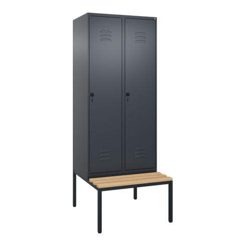 C+P Spind Classic PLUS, Bank, 2 Abteile, 2120x800x815mm, 7016/7016 Verschluss Sicherheits-Drehriegel 4 Garderobenhaken Trennwand mittig  Sitzbanktyp untergebaut