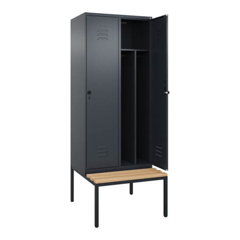 C+P Spind Classic PLUS, Bank, 2 Abteile, 2120x800x815mm, 7016/7016 Verschluss Sicherheits-Drehriegel 4 Garderobenhaken Trennwand mittig  Sitzbanktyp untergebaut
