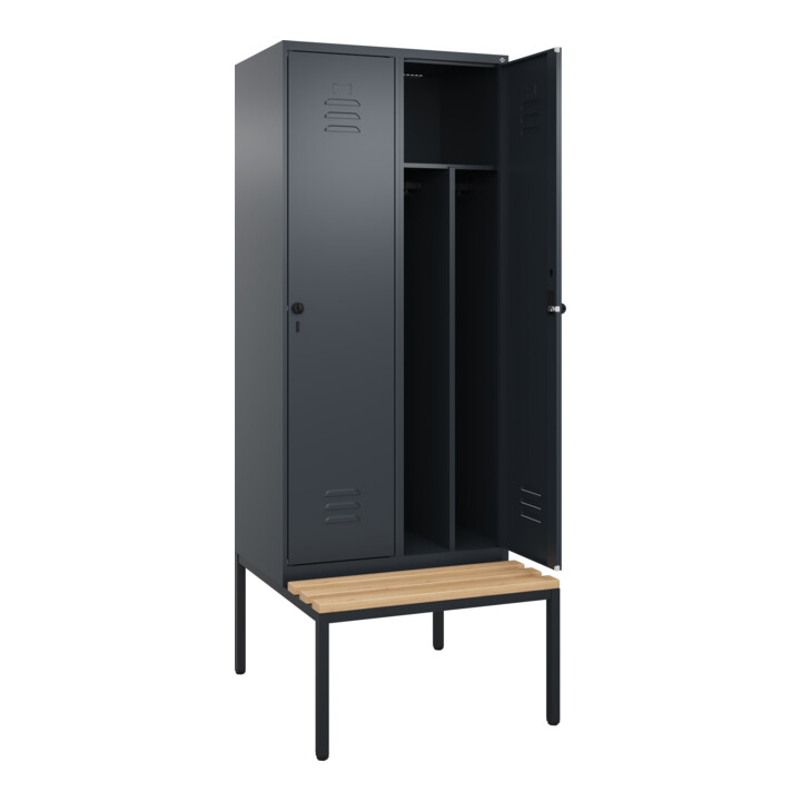 C+P Spind Classic PLUS, Bank, 2 Abteile, 2120x800x815mm, 7016/7016 Verschluss Sicherheits-Drehriegel 4 Garderobenhaken Trennwand mittig  Sitzbanktyp untergebaut