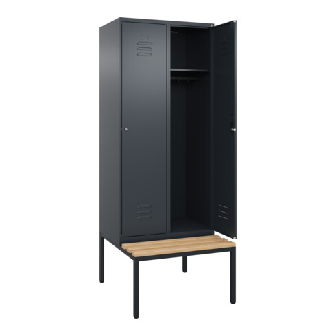 C+P Spind Classic PLUS, Bank, 2 Abteile, 2120x800x815mm, 7016/7016 Verschluss Zylinderschloss 4 Garderobenhaken   Sitzbanktyp untergebaut