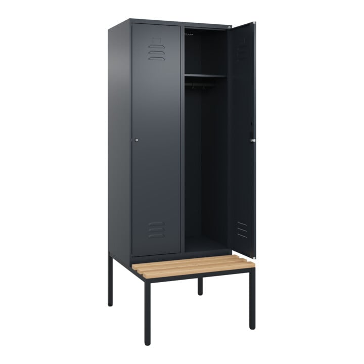 C+P Spind Classic PLUS, Bank, 2 Abteile, 2120x800x815mm, 7016/7016 Verschluss Zylinderschloss 4 Garderobenhaken   Sitzbanktyp untergebaut