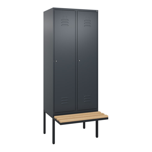 C+P Spind Classic PLUS, Bank, 2 Abteile, 2120x800x815mm, 7016/7016 Verschluss Zylinderschloss 4 Garderobenhaken Trennwand mittig Sitzbanktyp auskragend