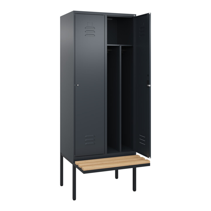 C+P Spind Classic PLUS, Bank, 2 Abteile, 2120x800x815mm, 7016/7016 Verschluss Zylinderschloss 4 Garderobenhaken Trennwand mittig  Sitzbanktyp auskragend