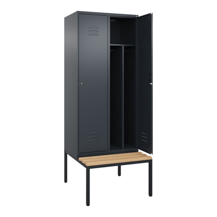 C+P Spind Classic PLUS, Bank, 2 Abteile, 2120x800x815mm, 7016/7016 Verschluss Zylinderschloss 4 Garderobenhaken Trennwand mittig  Sitzbanktyp untergebaut