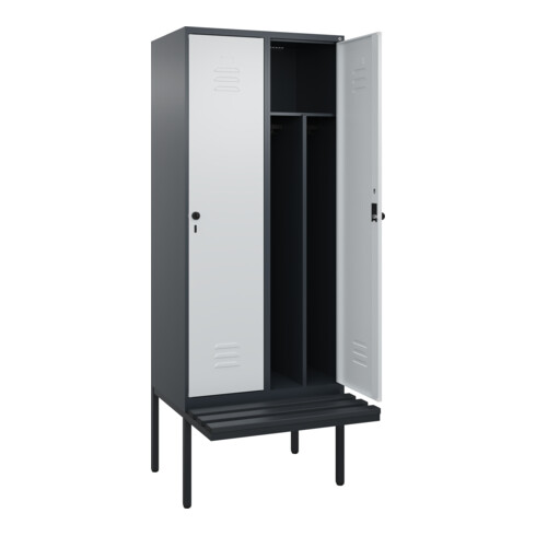 C+P Spind Classic PLUS, Bank, 2 Abteile, 2120x800x815mm, 7016/7035 Verschluss Sicherheits-Drehriegel 4 Garderobenhaken Trennwand mittig Dekor Banklatten RAL 7021 Schwarzgrau Sitzbanktyp auskragend