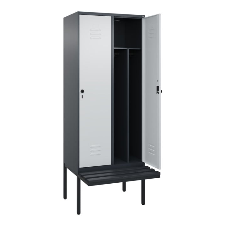C+P Spind Classic PLUS, Bank, 2 Abteile, 2120x800x815mm, 7016/7035 Verschluss Sicherheits-Drehriegel 4 Garderobenhaken Trennwand mittig Dekor Banklatten RAL 7021 Schwarzgrau Sitzbanktyp auskragend