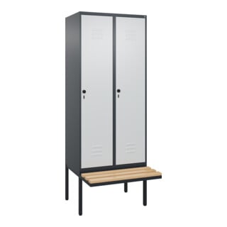 C+P Spind Classic PLUS, Bank, 2 Abteile, 2120x800x815mm, 7016/7035 Verschluss Sicherheits-Drehriegel 4 Garderobenhaken Trennwand mittig  Sitzbanktyp auskragend