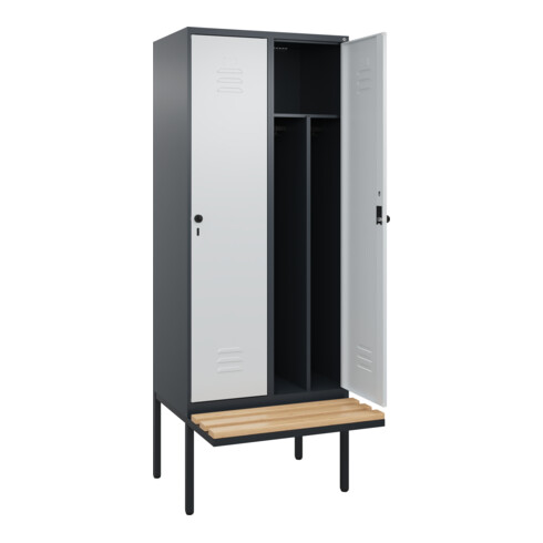 C+P Spind Classic PLUS, Bank, 2 Abteile, 2120x800x815mm, 7016/7035 Verschluss Sicherheits-Drehriegel 4 Garderobenhaken Trennwand mittig  Sitzbanktyp auskragend