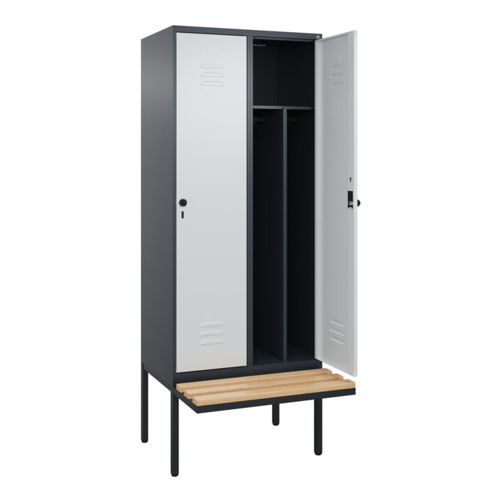 C+P Spind Classic PLUS, Bank, 2 Abteile, 2120x800x815mm, 7016/7035 Verschluss Sicherheits-Drehriegel 4 Garderobenhaken Trennwand mittig  Sitzbanktyp auskragend