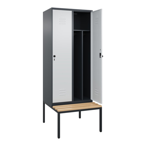 C+P Spind Classic PLUS, Bank, 2 Abteile, 2120x800x815mm, 7016/7035 Verschluss Sicherheits-Drehriegel 4 Garderobenhaken Trennwand mittig  Sitzbanktyp untergebaut